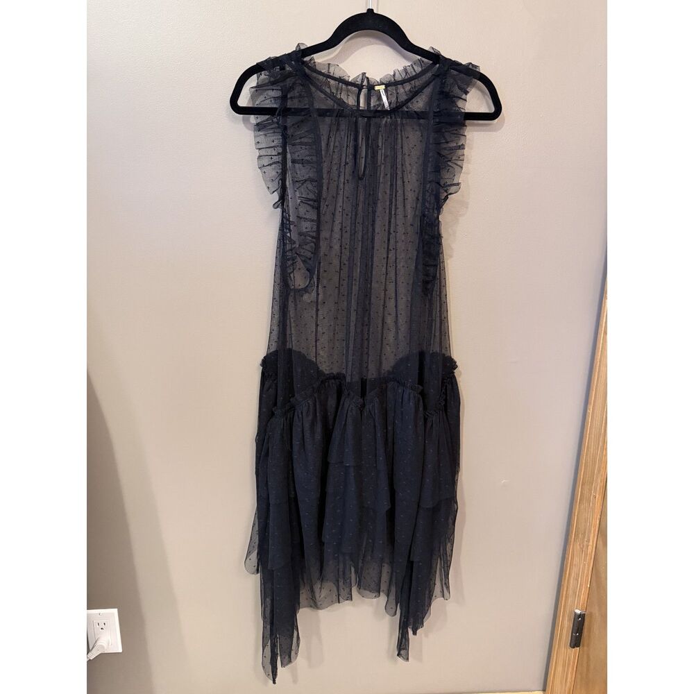 Free People Black Sheer Mesh Ruffle Midi Dress Whimsigoth Fairycore Gothic - Picture 3 of 10